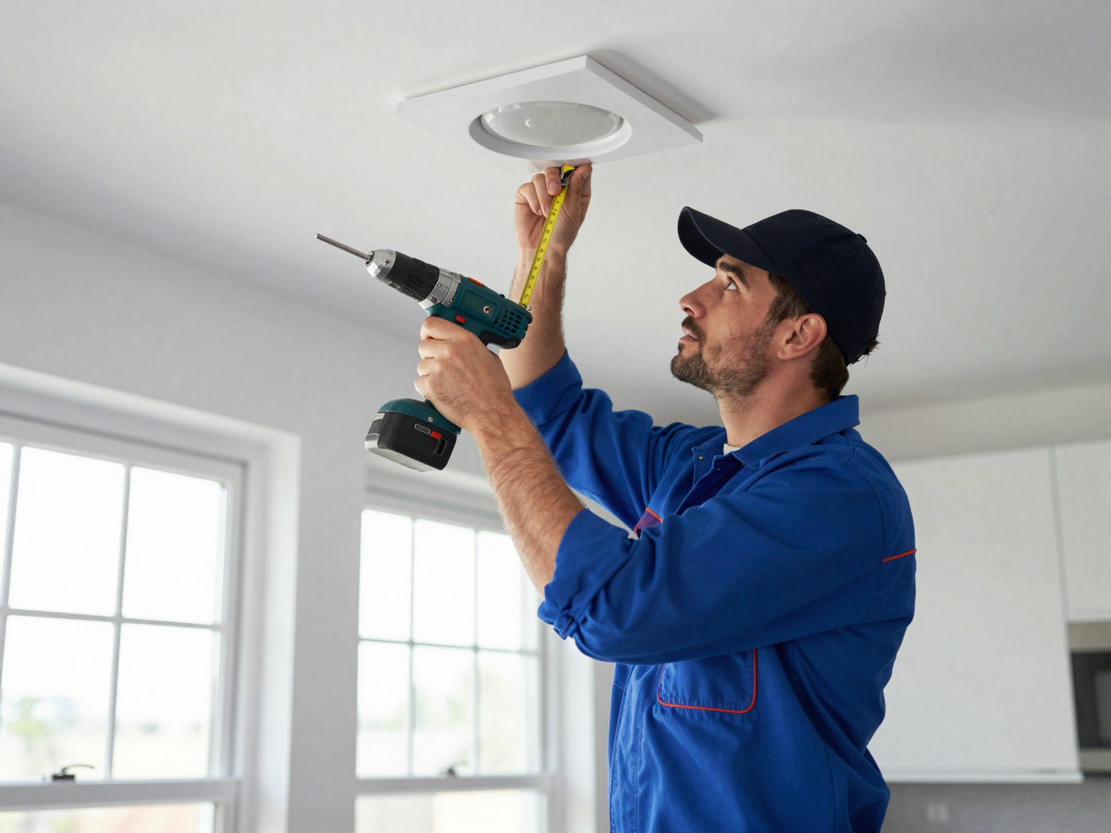 Electrician installing recessed lighting in residential kitchen