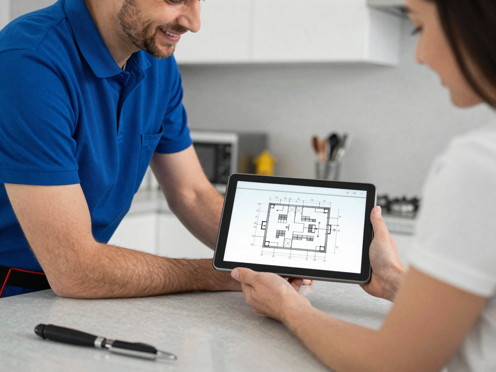 Electrician consulting with homeowner on electrical plan